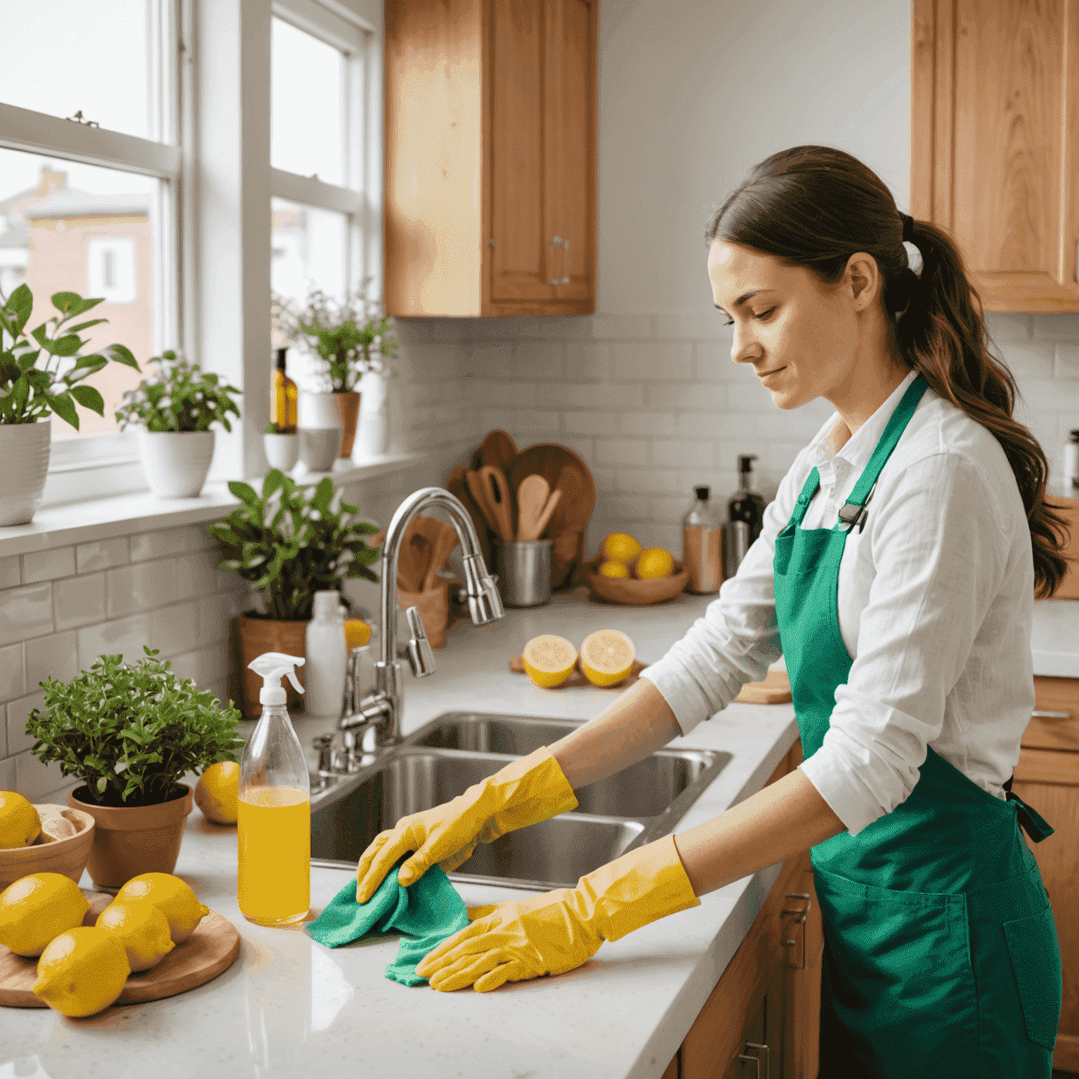 Osoba używająca ekologicznych środków czystości do sprzątania kuchni. Widoczne są naturalne produkty czyszczące, takie jak ocet, soda oczyszczona i cytryny.